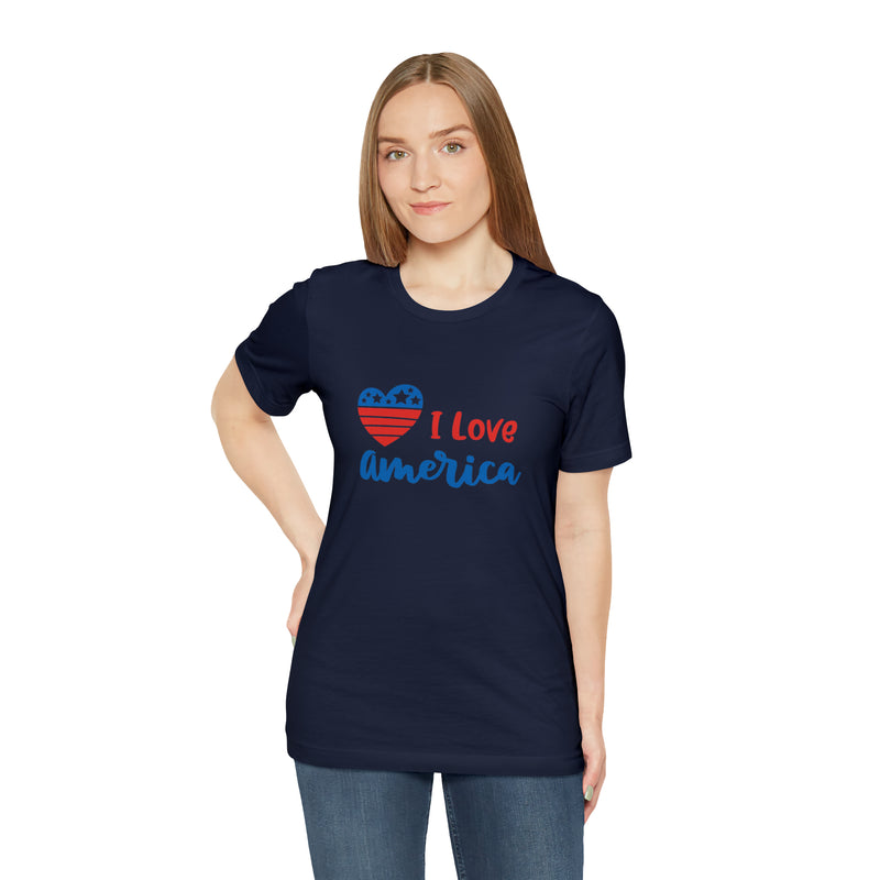 I Love America Heart Jersey Short Sleeve Tee - Soft & Comfortable - Patriotic Clothing - Made in the USA