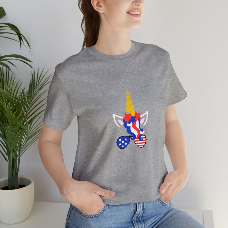 4th of July Unicorn with Sunglasses Jersey Short Sleeve Tee - Soft & Comfortable - Patriotic Clothing - Made in the USA