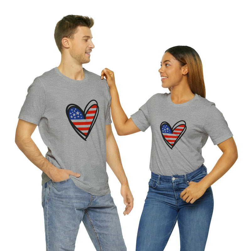 Love America Flag Heart Jersey Short Sleeve Tee - Soft & Comfortable - Patriotic Clothing - Made in the USA