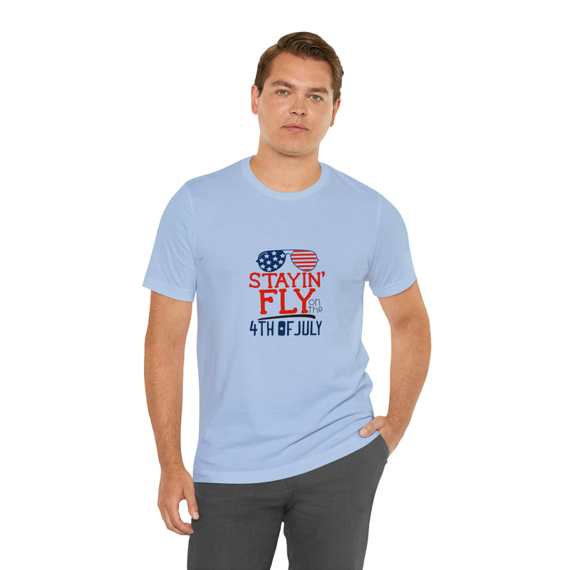 Stayin' Fly on the 4th of July American Flag Sunglasses Unisex Jersey Short Sleeve Tee - Stylish Patriotic Clothing - Made in the USA