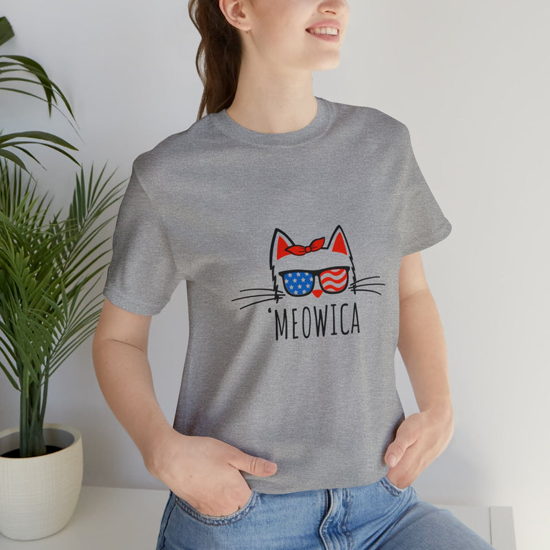 'Meowica Patriotic Cat with Sunglasses Jersey Short Sleeve Tee - Soft & Comfortable - Cute & Patriotic Clothing - Made in the USA