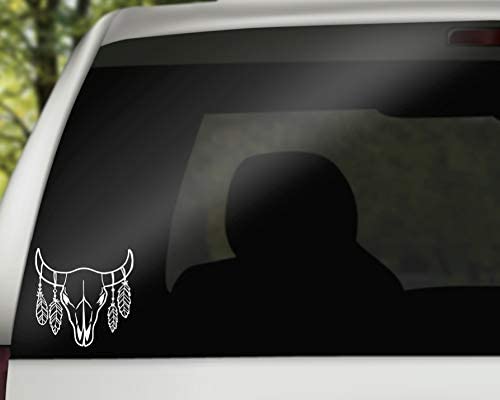 Cow Skull with Feathers Vinyl Decal | White | 4.5 x 4.5 inch