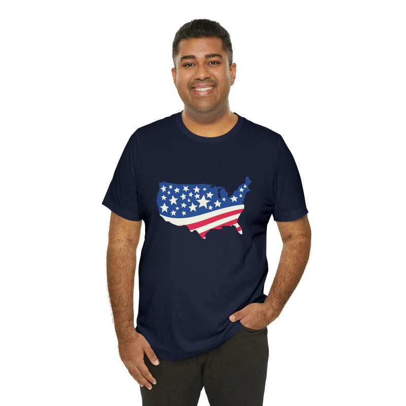 4th of July American Flag Map Jersey Short Sleeve Tee - Soft & Comfortable - Patriotic Clothing - Made in the USA