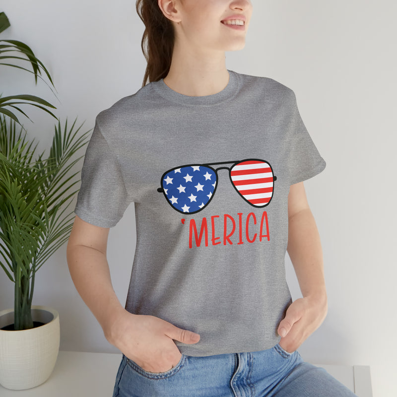 'Merica American Flag Sunglasses Jersey Short Sleeve Tee - Soft & Comfortable - Patriotic Clothing - Made in the USA