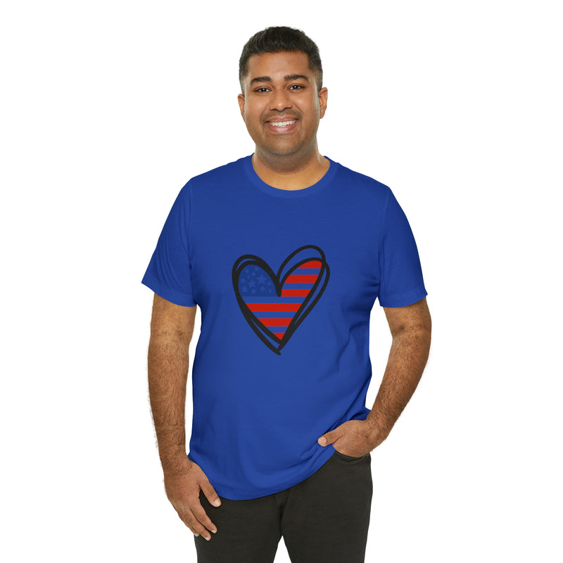 Love America Flag Heart Jersey Short Sleeve Tee - Soft & Comfortable - Patriotic Clothing - Made in the USA