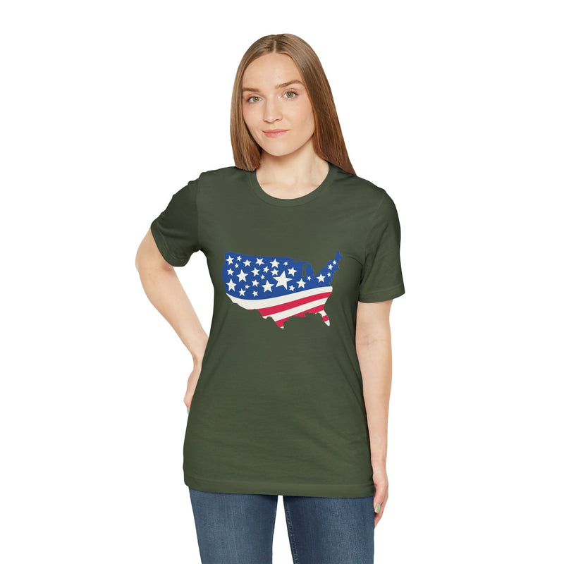 4th of July American Flag Map Jersey Short Sleeve Tee - Soft & Comfortable - Patriotic Clothing - Made in the USA