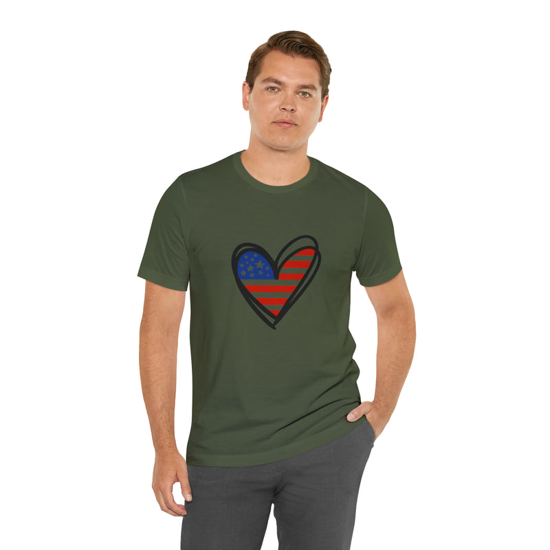 Love America Flag Heart Jersey Short Sleeve Tee - Soft & Comfortable - Patriotic Clothing - Made in the USA