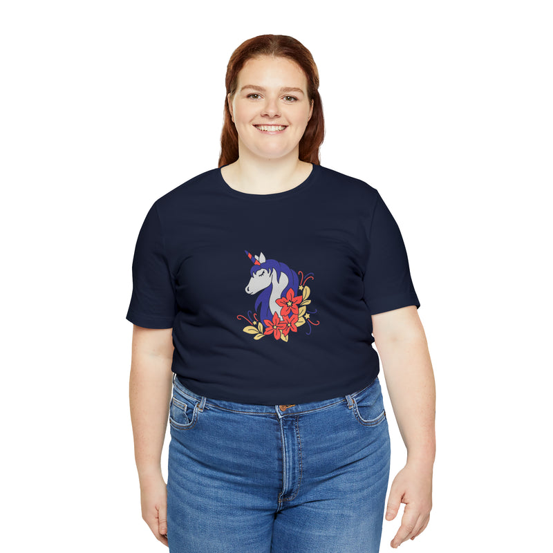 4th of July Unicorn with Flowers Jersey Short Sleeve Tee - Soft & Comfortable - Patriotic Clothing - Made in the USA