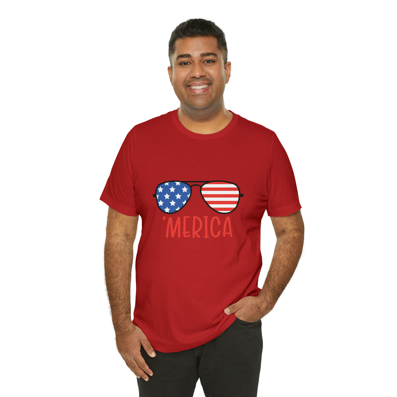 'Merica American Flag Sunglasses Jersey Short Sleeve Tee - Soft & Comfortable - Patriotic Clothing - Made in the USA