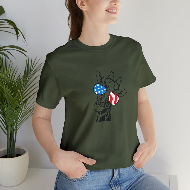 Patriotic Giraffe Jersey Short Sleeve Tee - Soft & Comfortable - Cute & Patriotic Clothing - Made in the USA