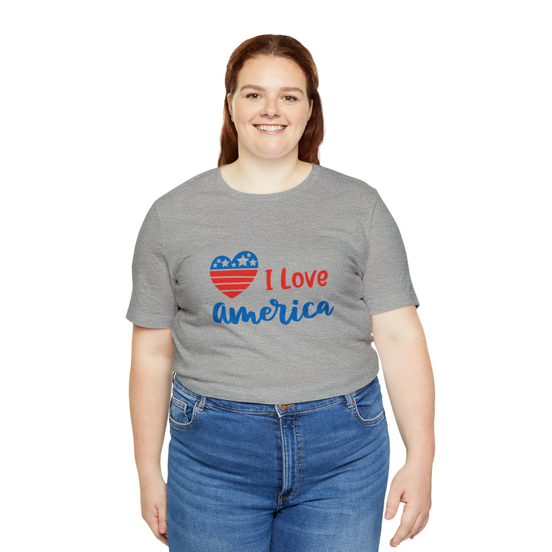 I Love America Heart Jersey Short Sleeve Tee - Soft & Comfortable - Patriotic Clothing - Made in the USA