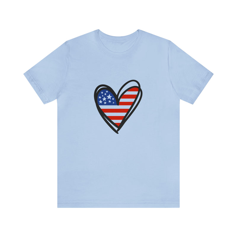 Love America Flag Heart Jersey Short Sleeve Tee - Soft & Comfortable - Patriotic Clothing - Made in the USA