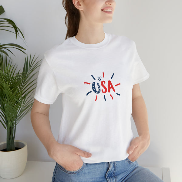 USA Heart Firework Jersey Short Sleeve Tee - Patriotic Clothing - Made in the USA