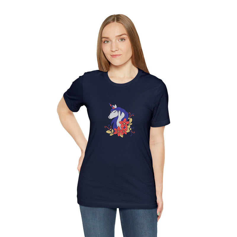 4th of July Unicorn with Flowers Jersey Short Sleeve Tee - Soft & Comfortable - Patriotic Clothing - Made in the USA