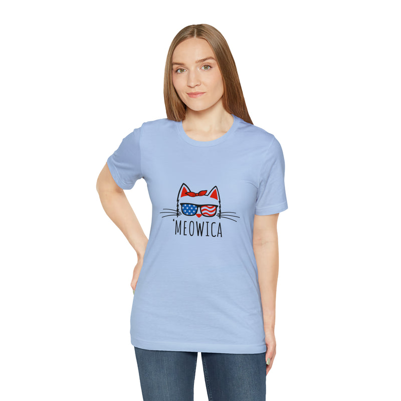 'Meowica Patriotic Cat with Sunglasses Jersey Short Sleeve Tee - Soft & Comfortable - Cute & Patriotic Clothing - Made in the USA