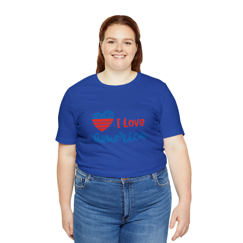 I Love America Heart Jersey Short Sleeve Tee - Soft & Comfortable - Patriotic Clothing - Made in the USA