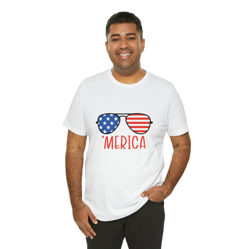 'Merica American Flag Sunglasses Jersey Short Sleeve Tee - Soft & Comfortable - Patriotic Clothing - Made in the USA