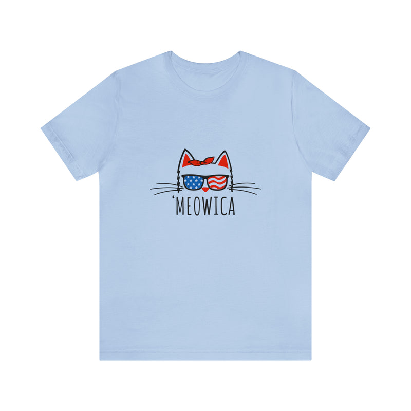 'Meowica Patriotic Cat with Sunglasses Jersey Short Sleeve Tee - Soft & Comfortable - Cute & Patriotic Clothing - Made in the USA