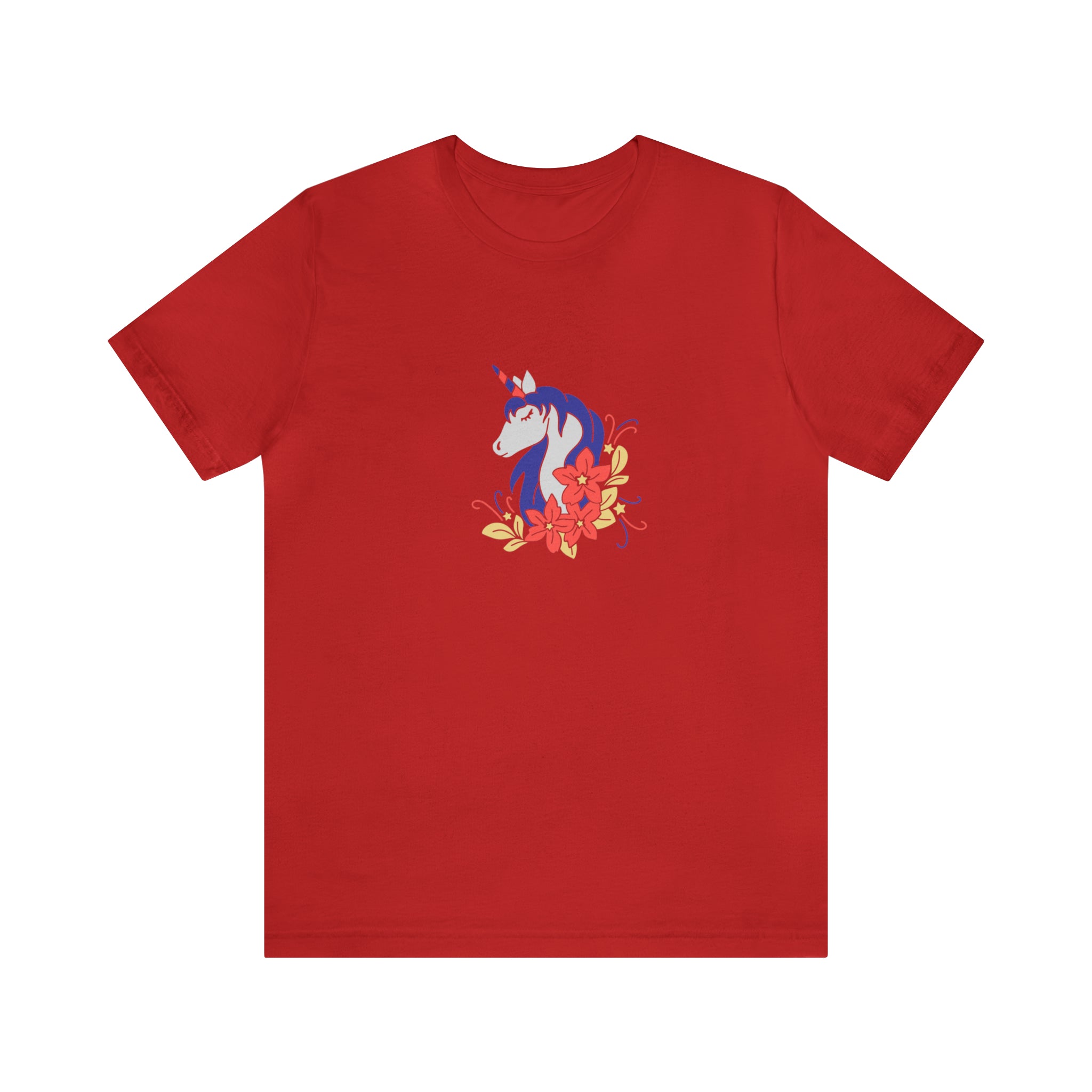 4th of July Unicorn with Flowers Jersey Short Sleeve Tee - Soft & Comfortable - Patriotic Clothing - Made in the USA