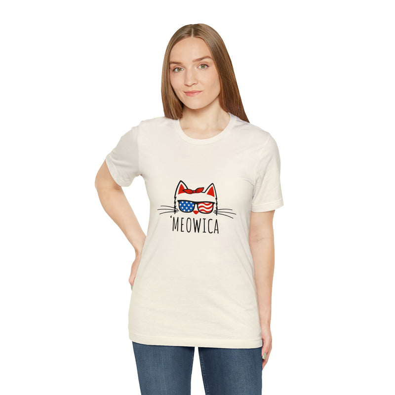 'Meowica Patriotic Cat with Sunglasses Jersey Short Sleeve Tee - Soft & Comfortable - Cute & Patriotic Clothing - Made in the USA