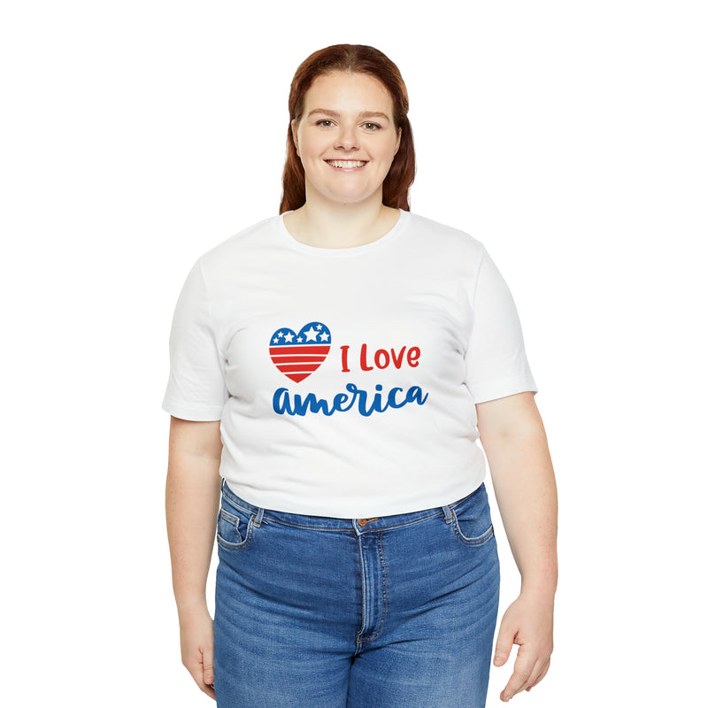 I Love America Heart Jersey Short Sleeve Tee - Soft & Comfortable - Patriotic Clothing - Made in the USA