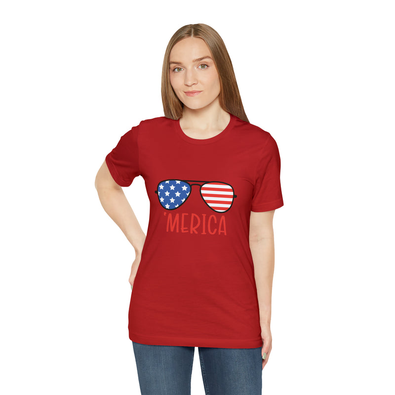 'Merica American Flag Sunglasses Jersey Short Sleeve Tee - Soft & Comfortable - Patriotic Clothing - Made in the USA