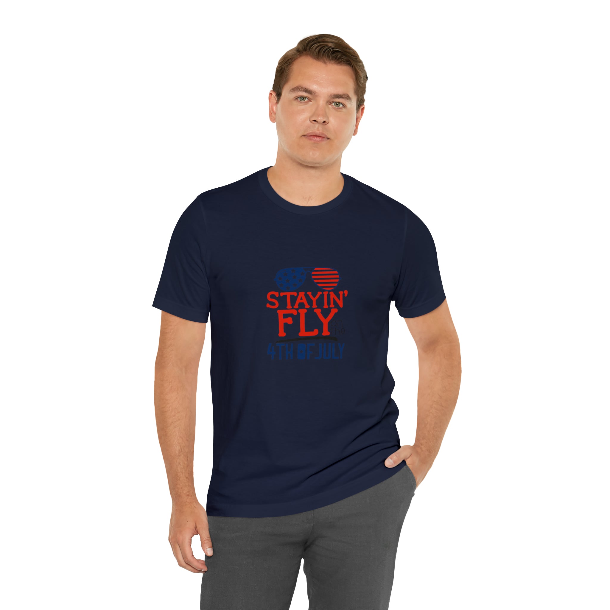 Stayin' Fly on the 4th of July American Flag Sunglasses Unisex Jersey Short Sleeve Tee - Stylish Patriotic Clothing - Made in the USA