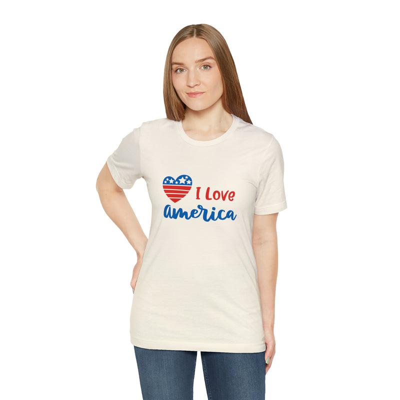 I Love America Heart Jersey Short Sleeve Tee - Soft & Comfortable - Patriotic Clothing - Made in the USA