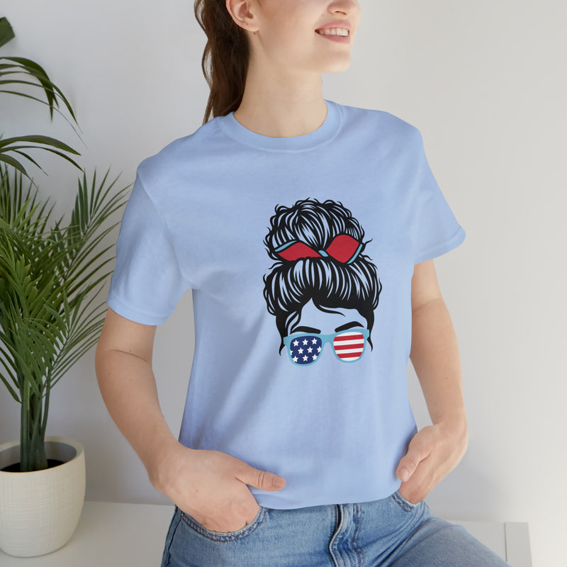 Patriotic Girl with American Flag Sunglasses Jersey Short Sleeve Tee - Soft & Comfortable - Made in the USA