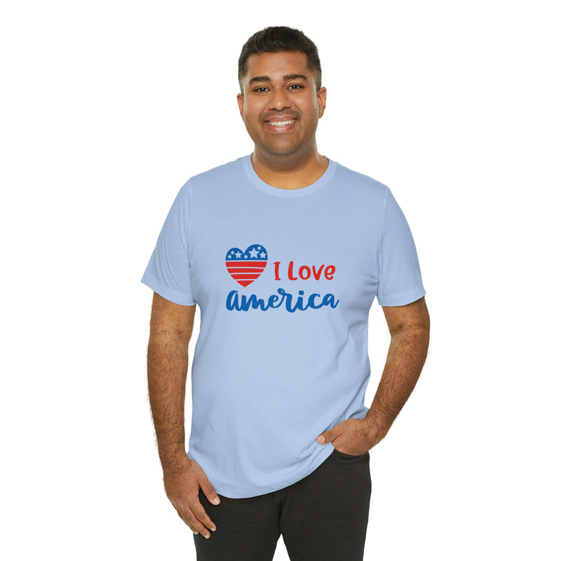 I Love America Heart Jersey Short Sleeve Tee - Soft & Comfortable - Patriotic Clothing - Made in the USA