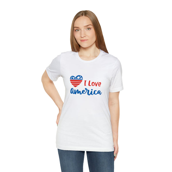 I Love America Heart Jersey Short Sleeve Tee - Soft & Comfortable - Patriotic Clothing - Made in the USA