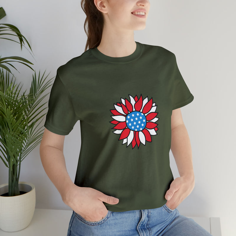 Patriotic Sunflower American Flag Jersey Short Sleeve Tee - Soft & Comfortable - Patriotic Clothing - Made in the USA