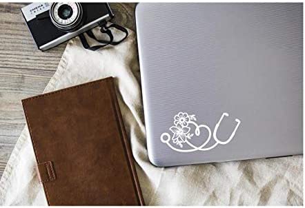 Heart Stethoscope Flower Vinyl Decal | White | 5.5 x 2.7 inch