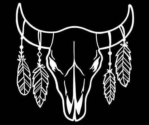 Cow Skull with Feathers Vinyl Decal | White | 4.5 x 4.5 inch