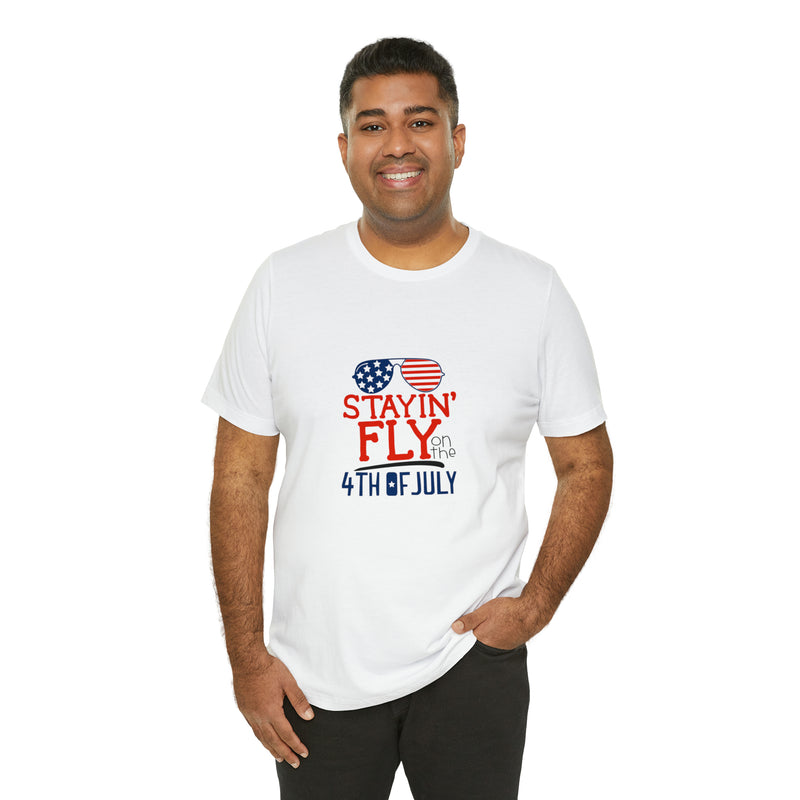 Stayin' Fly on the 4th of July American Flag Sunglasses Unisex Jersey Short Sleeve Tee - Stylish Patriotic Clothing - Made in the USA