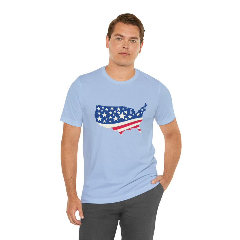 4th of July American Flag Map Jersey Short Sleeve Tee - Soft & Comfortable - Patriotic Clothing - Made in the USA