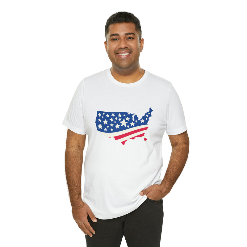 4th of July American Flag Map Jersey Short Sleeve Tee - Soft & Comfortable - Patriotic Clothing - Made in the USA