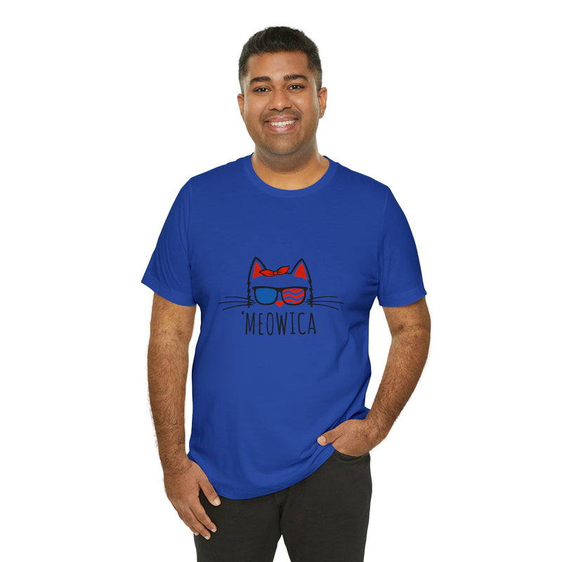 'Meowica Patriotic Cat with Sunglasses Jersey Short Sleeve Tee - Soft & Comfortable - Cute & Patriotic Clothing - Made in the USA