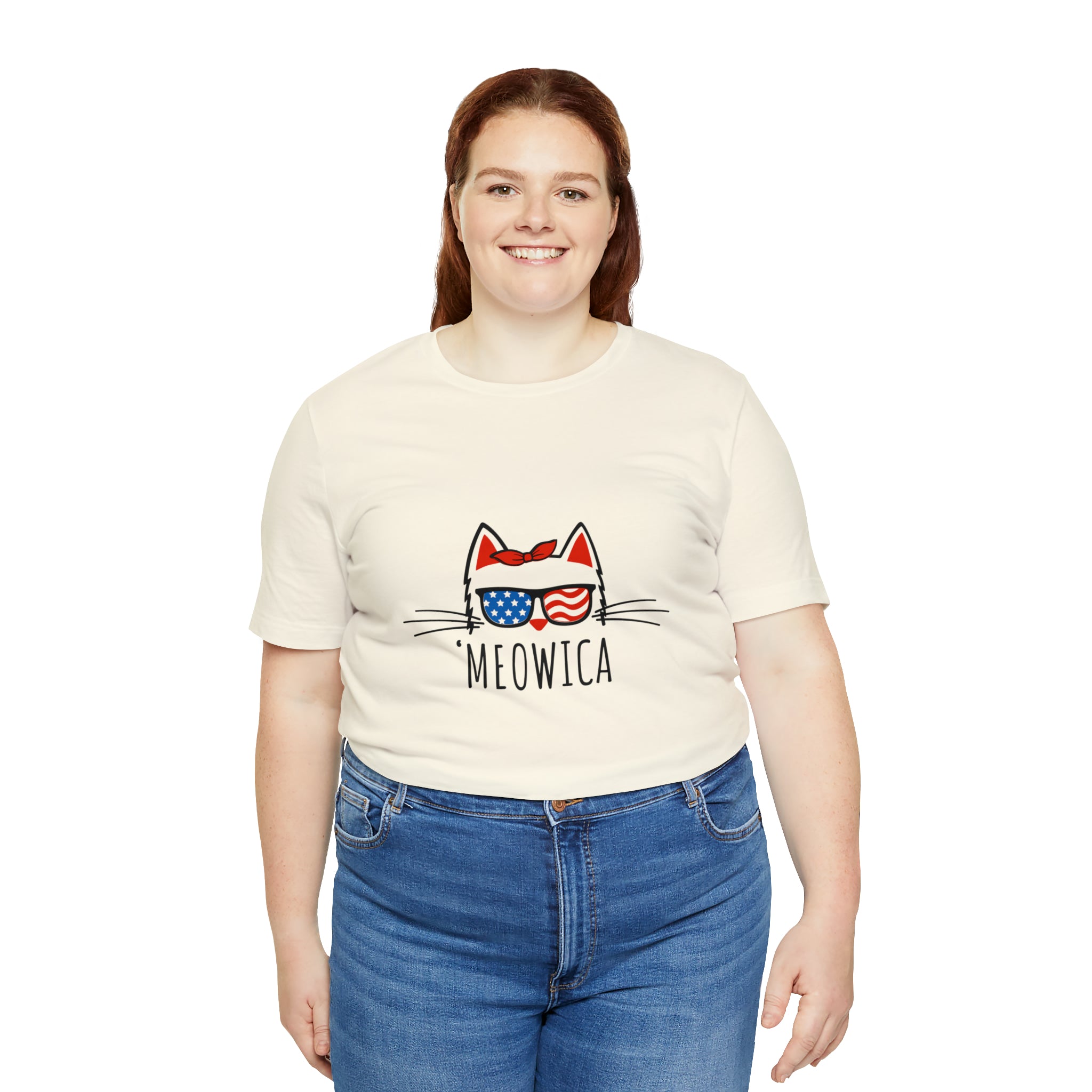 'Meowica Patriotic Cat with Sunglasses Jersey Short Sleeve Tee - Soft & Comfortable - Cute & Patriotic Clothing - Made in the USA