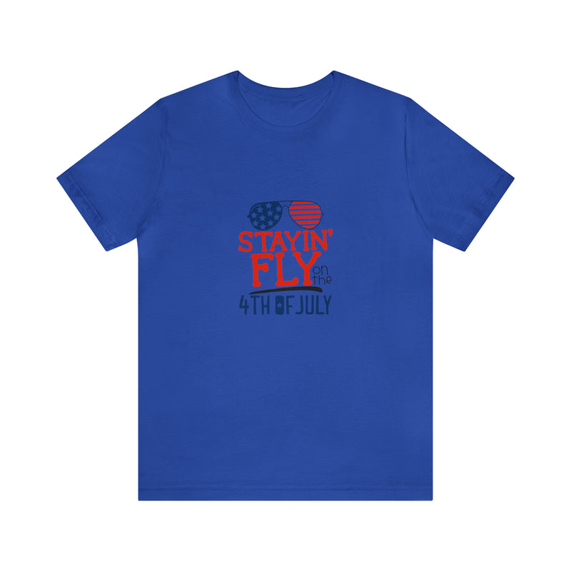 Stayin' Fly on the 4th of July American Flag Sunglasses Unisex Jersey Short Sleeve Tee - Stylish Patriotic Clothing - Made in the USA