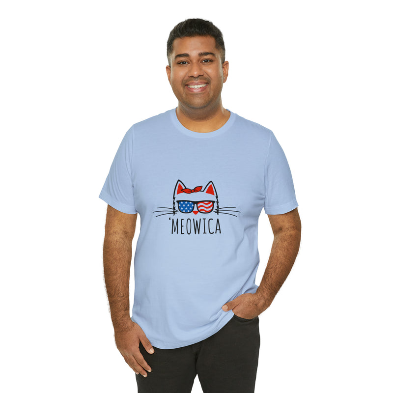 'Meowica Patriotic Cat with Sunglasses Jersey Short Sleeve Tee - Soft & Comfortable - Cute & Patriotic Clothing - Made in the USA