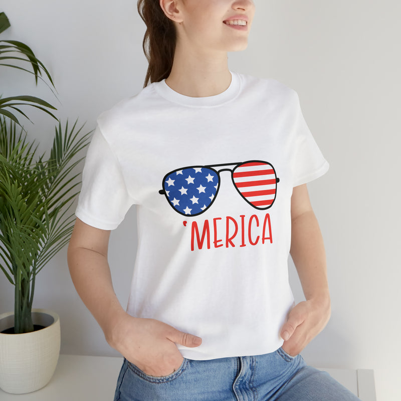 'Merica American Flag Sunglasses Jersey Short Sleeve Tee - Soft & Comfortable - Patriotic Clothing - Made in the USA