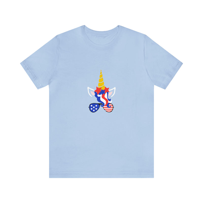 4th of July Unicorn with Sunglasses Jersey Short Sleeve Tee - Soft & Comfortable - Patriotic Clothing - Made in the USA