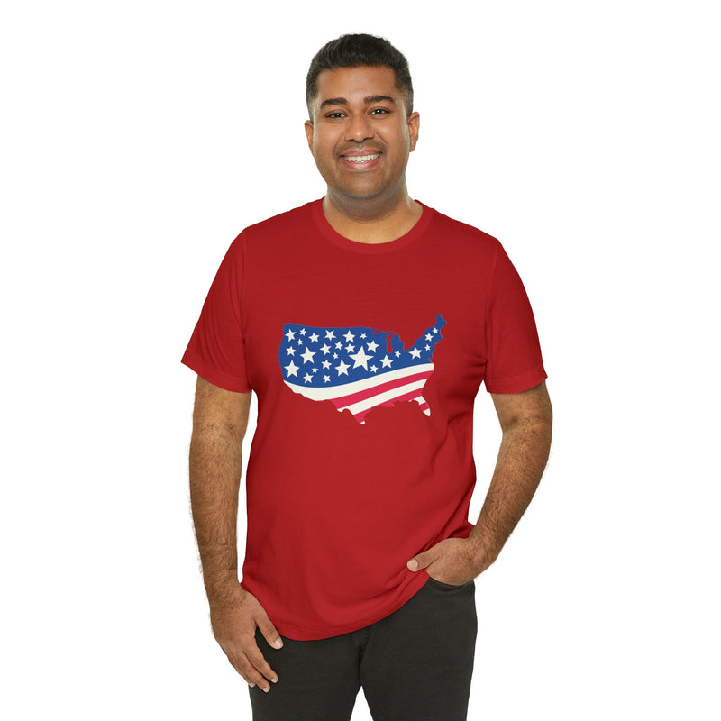 4th of July American Flag Map Jersey Short Sleeve Tee - Soft & Comfortable - Patriotic Clothing - Made in the USA