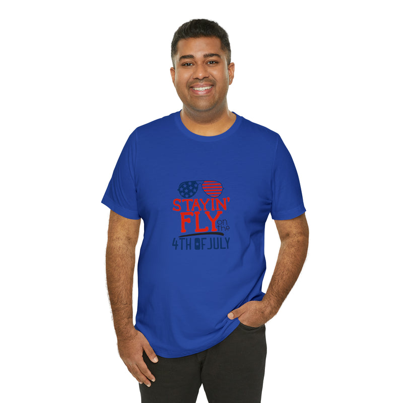 Stayin' Fly on the 4th of July American Flag Sunglasses Unisex Jersey Short Sleeve Tee - Stylish Patriotic Clothing - Made in the USA