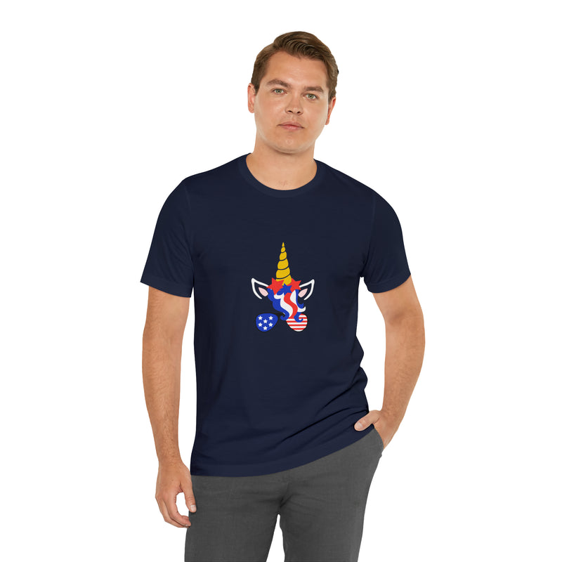 4th of July Unicorn with Sunglasses Jersey Short Sleeve Tee - Soft & Comfortable - Patriotic Clothing - Made in the USA