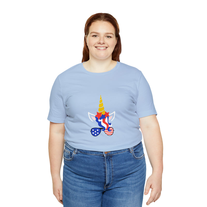 4th of July Unicorn with Sunglasses Jersey Short Sleeve Tee - Soft & Comfortable - Patriotic Clothing - Made in the USA