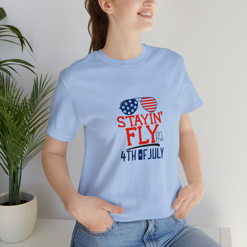 Stayin' Fly on the 4th of July American Flag Sunglasses Unisex Jersey Short Sleeve Tee - Stylish Patriotic Clothing - Made in the USA