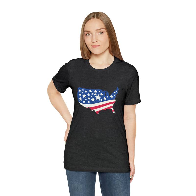 4th of July American Flag Map Jersey Short Sleeve Tee - Soft & Comfortable - Patriotic Clothing - Made in the USA