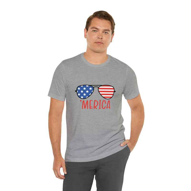 'Merica American Flag Sunglasses Jersey Short Sleeve Tee - Soft & Comfortable - Patriotic Clothing - Made in the USA